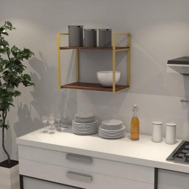 Imagem de Prateleira Industrial Parede ou Suspensa Dourada Aço e Madeira 50x40x6