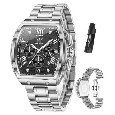 Imagem de OLEVS Relógios masculinos de luxo com mostrador grande, aço inoxidável, clássico, à prova d'água, analógico, quartzo, relógio de pulso masculino com cronógrafo, multifunções, relógio social para