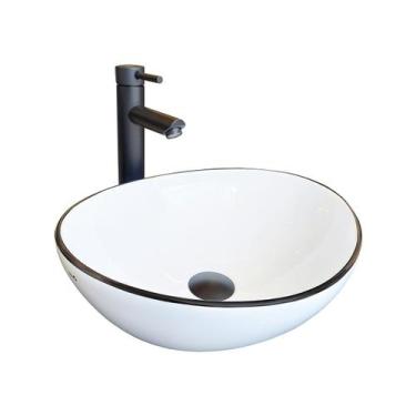 Imagem de Cuba para Banheiro Cerâmica Branca e Preta Oval 41cm Reno RC 8007