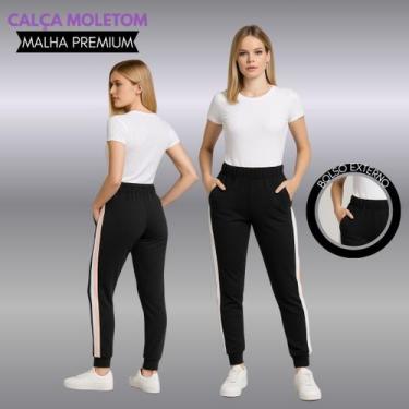 Imagem de Calça Feminina Jogger Elegante Preto Branco Com Bolso Externo Barato -