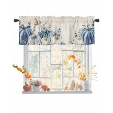 Imagem de T&H XHome Cortinas de Dia de Ação de Graças para Janela de Cozinha 137 x 45 cm, Folha Azul Abóbora Linho Textura Rod Pocket Cortina Pequena para Sala de Estar Letras Vintage Sanefas para Janelas