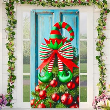 Imagem de BlissYard Capa de porta de Natal, guirlanda de inverno, guirlanda de duende, guirlanda de Natal, decoração festiva, verde e vermelha, faixa de boas-vindas para festa em casa, ambientes internos e