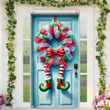 Imagem de BlissYard Capa de porta de Natal com pernas de elfo 89 x 188 cm, faixa de guirlanda festiva, decorações engraçadas, portas de elfo, portas de tecido de poliéster, mural para pendurar na parede