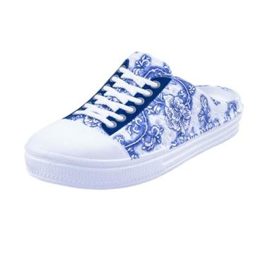 Imagem de TANTANC Pantufas femininas para jardim, com orifício de malha, respirável, verão, para uso interno/externo, praia, chuveiro, calçados aquáticos, Flor azul 1, 37/38 BR