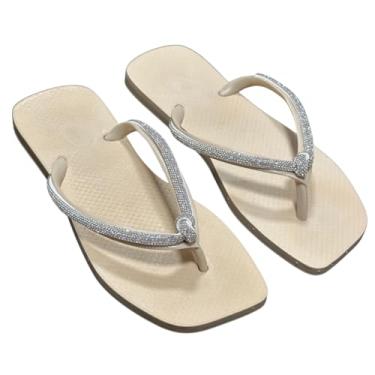Imagem de Rasteirinha Feminina com Brilho Strass | Chinelo Flat Confortável Verão | Sandália Casual Elegante para Praia e Dia a Dia (Bege, BR, Adulto, Faixa Numérico, 37, 38)