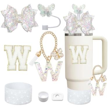 Imagem de Liangang Conjunto de acessórios de copo branco de 7 peças para Stanley 850 g 1,134 g, incluindo bota, tampa à prova de derramamento, capa de canudo de borboleta, letra adesiva, pingentes de letras