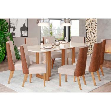 Imagem de Conjunto: Mesa Sala Jantar Yara SC77 Tampo Madeirado c/ Vidro Canto Curvo 200x90cm e 8 Cadeiras Anne Nature/Courano/Linho - Henn