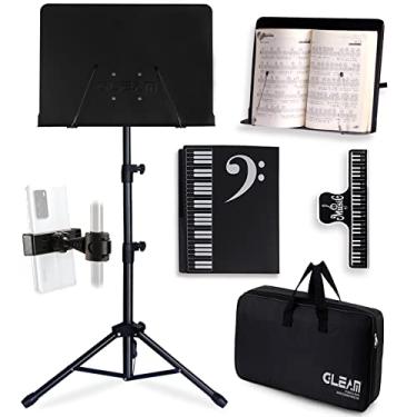 Imagem de GLEAM Suporte de partitura – totalmente de metal com bolsa de transporte, suporte para telefone, pasta e clipe de partituras, suporte 5 em 1 para livros de mesa