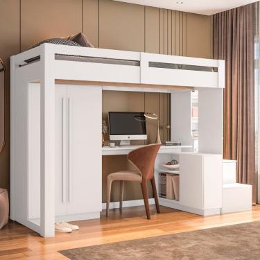 Imagem de Cama Alta Office Adulto com Roupeiro e Escrivaninha Moon Yescasa Branco