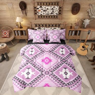 Imagem de Erosebridal Conjunto de edredom Queen asteca ocidental boho com 7 peças, boêmio, rústico, fazenda, diamante do sudoeste, conjunto de cama para crianças e adultos, rosa choque roxo