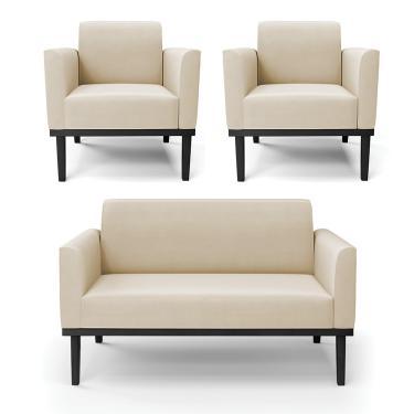 Imagem de Sofá Namoradeira com 2 Poltronas Base de Madeira Fixa Preto Marisa Suede Bege  D03 - D'Rossi