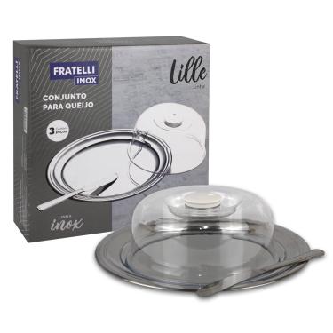 Imagem de Queijeira Inox Com Tampa Acrilico Bandeja Suporte Porta Queijo Minas Redondo E Frios Fratelli Linha Lille Com Faca Para Corte