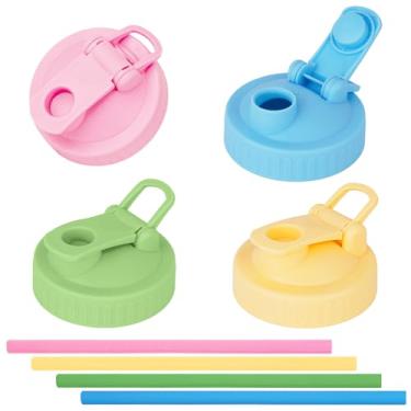 Imagem de Tampa de bico de frasco de vidro de boca regular, pacote com 4 tampas herméticas de 70 mm/2,75 pol. com canudos de silicone, tampa flip de plástico colorido tampas herméticas para conservas - Bico à