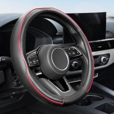 Imagem de YHONGJT Capa de volante de couro premium macio, respirável, antiderrapante, universal de 38 cm para mulheres e meninas, veículos adequados, sedãs, SUVs, caminhões - preto com linha vermelha