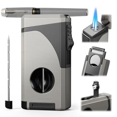 Imagem de Isqueiro com acessórios multifuncionais 6 em 1, chamas de tocha de jato quádruplo (sem gás) (prata e cinza)