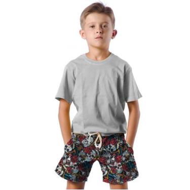 Imagem de Shorts Infantil Bermuda Calção Praia Verão Caveira Rosas Arte 370 - SM