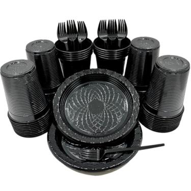 Imagem de Kit 300 Itens Festa Aniversário Descartáveis Plástico Colorido Perolado 100 Pessoas Completo Pratinho Garfinhos Copos (Preto)