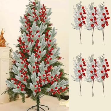 Imagem de 4 peças flocagem floco de neve ramo de pinheiro vermelho baga vermelha DIY enfeite de árvore de Natal decoração de festa de mesa (4 peças 1-28 cm)
