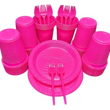 Imagem de Kit 300 Itens Festa Aniversário Descartáveis Plástico Colorido Perolado 100 Pessoas Completo Pratinho Garfinhos Copos (Pink)