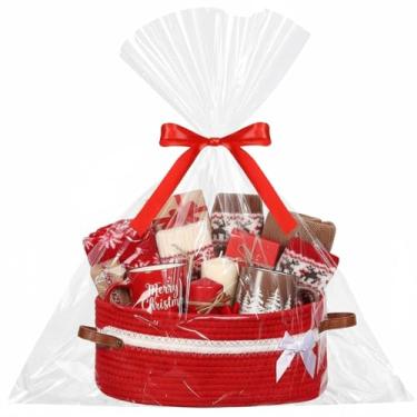 Imagem de Colingmill Cesto de presente com conjunto de embrulho de celofane com alças fitas cestas de presente vazias grande armazenamento 35,5 x 25,4 cm x 14 cm caixa decorativa vazia para presentes de