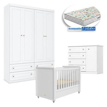 Imagem de Quarto Infantil 4 Portas Americano Com Berço Tutto New Branco Fosco E Colchão Gazin - Matic