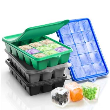 Imagem de Bandejas de silicone para cubos de gelo com tampas, 4 pacotes, Lxndaser de fácil liberação para freezer, 60 bandejas quadradas empilháveis à prova de vazamento para coquetéis, uísque, comida de bebê