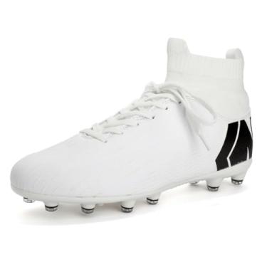 Imagem de ESXGED Botas de futebol unissex femininas de cano alto chuteiras sapatos masculinos meias de tornozelo cuidados sapatos de futebol treinamento atlético jovem tênis de grama, Branco, 8.5 Women/7 Men