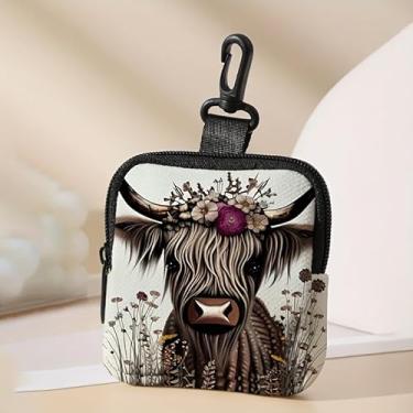 Imagem de Porta-chaves mini porta-moedas, bolsa multifuncional para chaves, moedas, fone de ouvido, batom, porta-cartões, organizador de cabos, bolsa com zíper, bolsa de vaca Highland, acessórios pequenos