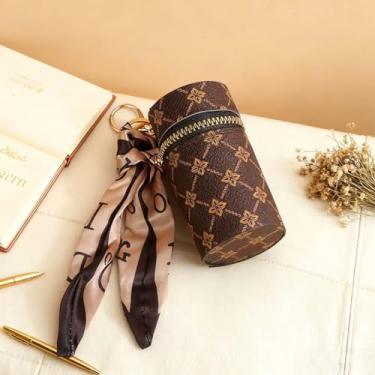 Imagem de Porta-chaves para batom, bolsa de cosméticos, bolsa de maquiagem portátil de 9 x 4 cm com zíper, 2 cores, Café