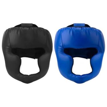 Imagem de Dois protetores de cabeça de boxe com cara de macaco para adultos, equipamento de proteção Kickboxing MMA Taekwondo, par azul e preto, ajustável para cabeça de 58-66 cm