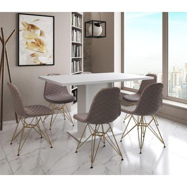 Imagem de Mesa Jantar Londres Retangular Branca 137X90 6 Cadeiras Estofadas Nude Médio Base Dourado