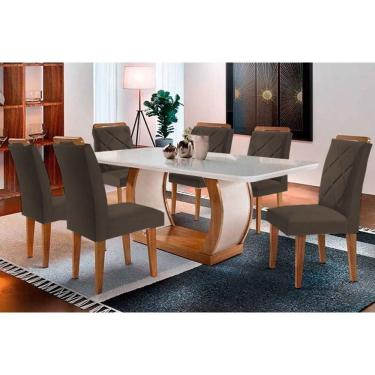 Imagem de Sala De Jantar Completa Jade Tampo Madeirado C- Vidro Curvo 180x90 E 6 Cadeiras Melissa Capuccino-suede Capuccino - Rufato