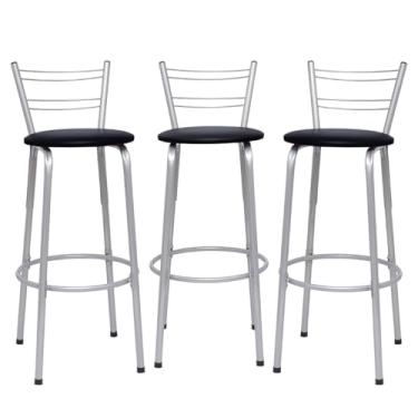 Imagem de Banqueta Altas Flórida Estrutura Prata 70cm Para Balcão Cozinha, Bar, Bistrô, Americano Kit 03 Unidades - Itagold (Preto)
