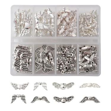 Imagem de MakemadeDIY Contas espaçadoras de asa, 120 peças, 8 estilos, contas de asa brilhantes e antigas, liga de prata retrô, berloque de ângulo de fada para joias, chaveiros, presente