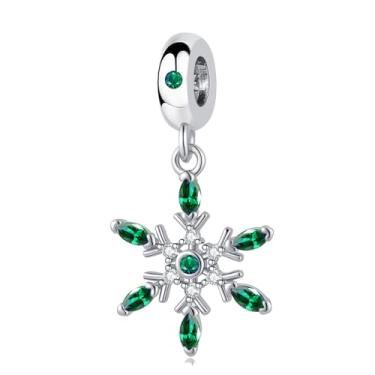 Imagem de TCHYUN Pingente de floco de neve cintilante pingente de pedra de nascimento de inverno compatível com pulseira Pandora presente de Natal feminino verde