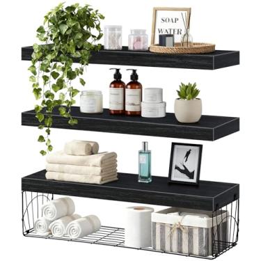 Imagem de Pacote com 3 prateleiras de banheiro de 61 cm de comprimento, prateleiras flutuantes de madeira rústica para banheiro, armazenamento de papel higiênico, prateleira suspensa para decoração de casa de