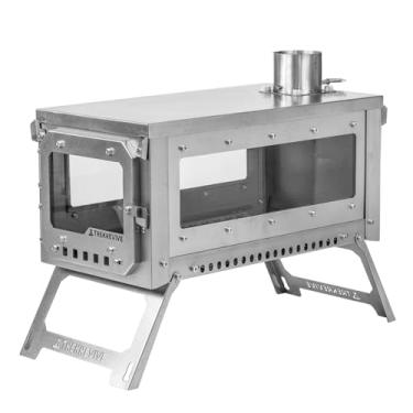 Imagem de Trekrevive Fogão de madeira de titânio Ridge, modo de fogão de fogueira, leve e portátil, fogão de barraca dobrável usado para mochilão, aquecimento de barracas, cozinha (RIDGE (3 janelas de vidro))