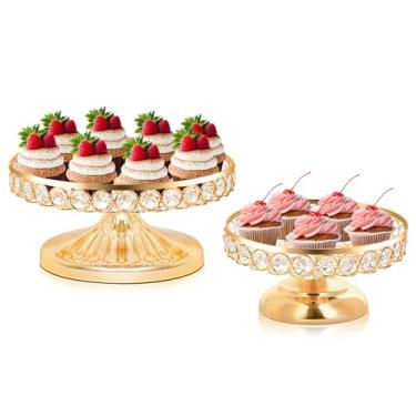Imagem de KEHAIL Conjunto de 2 bandejas redondas de metal para sobremesa, 24,6 cm e 20 cm de cristal para casamentos, aniversários, centros de mesa de festa, lanches e pratos de frutas (ouro, 2 peças - 24,6 cm
