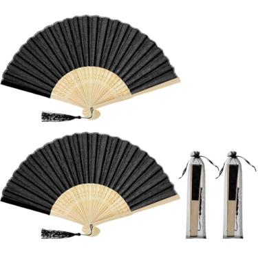 Imagem de Sndperiexam 2 peças de ventilador de mão dobrável de tecido preto, ventilador de mão chinês com pingente de madeira de borla, ventiladores de papel em branco faça você mesmo estilo retrô vintage para