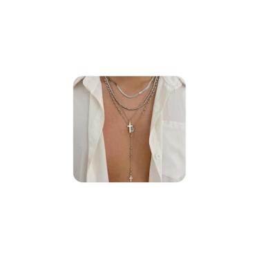 Imagem de Mexegy Colar em camadas de ouro/prata com pingente de cruz de espinha de peixe, colar vintage com contas de moedas empilháveis em Y, acessórios de joias para banquete, presente para mulheres, Large