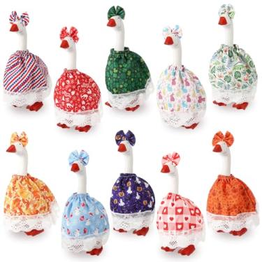 Imagem de Weysat Conjunto de 10 conjuntos de roupas de ganso para mesa de 17 cm, mini fantasias de ganso de mesa com vestido e laço de cabelo para porta-chaves de São Patrício, Páscoa, verão, outono e Natal