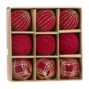 Imagem de Fancyes Conjunto de 9 bolas de Natal de veludo de 6 cm com alças para pendurar, ideais para guirlandas e arranjos natalinos. Acessórios resistentes e, Vermelho
