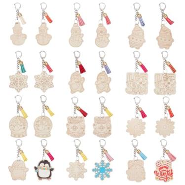 Imagem de NBEADS 24 peças, 12 estilos, artesanato de neve, colorindo seus próprios chaveiros, chaveiros em branco de madeira com borla de camurça sintética para decoração de casa ativa no inverno, lembrancinhas