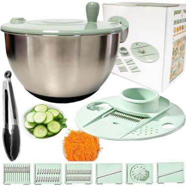 Imagem de SYXLTSH Girador de salada 5 em 1 + descascador de legumes + separador de gema de ovo, tintura de lavadora de alface grande, com 5 lâminas, cortador de vegetais (tigela de aço inoxidável 304)