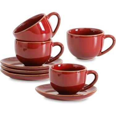 Imagem de vicrays Copos de cappuccino de 184 g com pires, conjunto de 4, xícaras de café de cerâmica para Au Lait, dose dupla, latte, café mocha, chá (vermelho cereja)