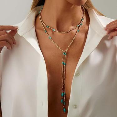 Imagem de Colar turquesa com contas de pérolas, colares boho para mulheres, colar em camadas, joias presentes de amizade para mulheres, presentes de Natal, dia dos namorados, concerto country, Medium, Latão