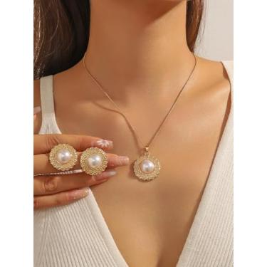 Imagem de Conjunto de colar e brincos com pingente de pérola falsa em tom dourado vintage, joia de filigrana elegante para mulheres