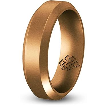 Imagem de Anel de casamento de silicone Teoria de nó para homens e mulheres: Anéis de borracha não volumosos superiores - Qualidade premium, estilo, conforto - Pulseiras ideais para academia, trabalho, caça, esportes e viagens, Antique Gold Bevel Comfort Fit, Size 7 (6mm Bandwidth)