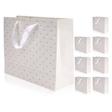 Imagem de 8 sacos de presente de papel grandes com alças de fita e cartão, sacos de presente brancos para presentes, pacote múltiplo, casamento, aniversário, mulheres, aniversário, compras, professor (branco)