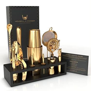 Imagem de Highball & Chaser Kit de barman com suporte de bambu preto, lindo conjunto de coqueteleira e ferramentas de bar de aço inoxidável Boston Shaker Bartender Kit com suporte (ouro antigo)